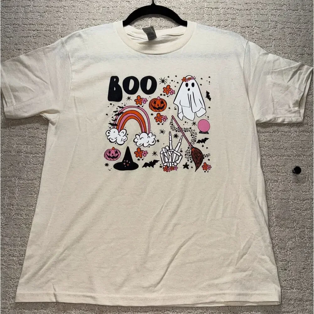 Gildan Heavy Cotton Halloween BOO Ghost Rainbow T-Shirt‎ Youth Medium New